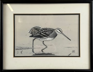 MADS STAGE (Denmark, 1922-2004), Snipe in grass., Framed 29.5" x 19" and 12" x 15".
