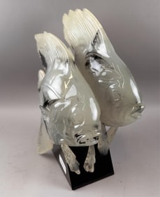 ART GLASS SCULPTURE OF TWO FISH Contemporary Height 17".