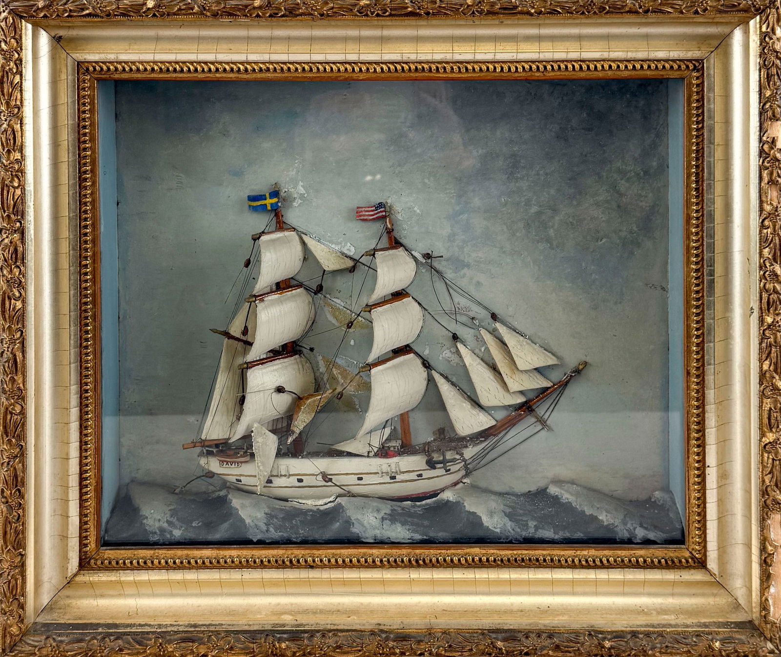 SHADOW BOX MODEL OF A FULL-RIGGED SHIP Early 20th Century Height 15". Width 18.5". Depth 4". (1 of 4)