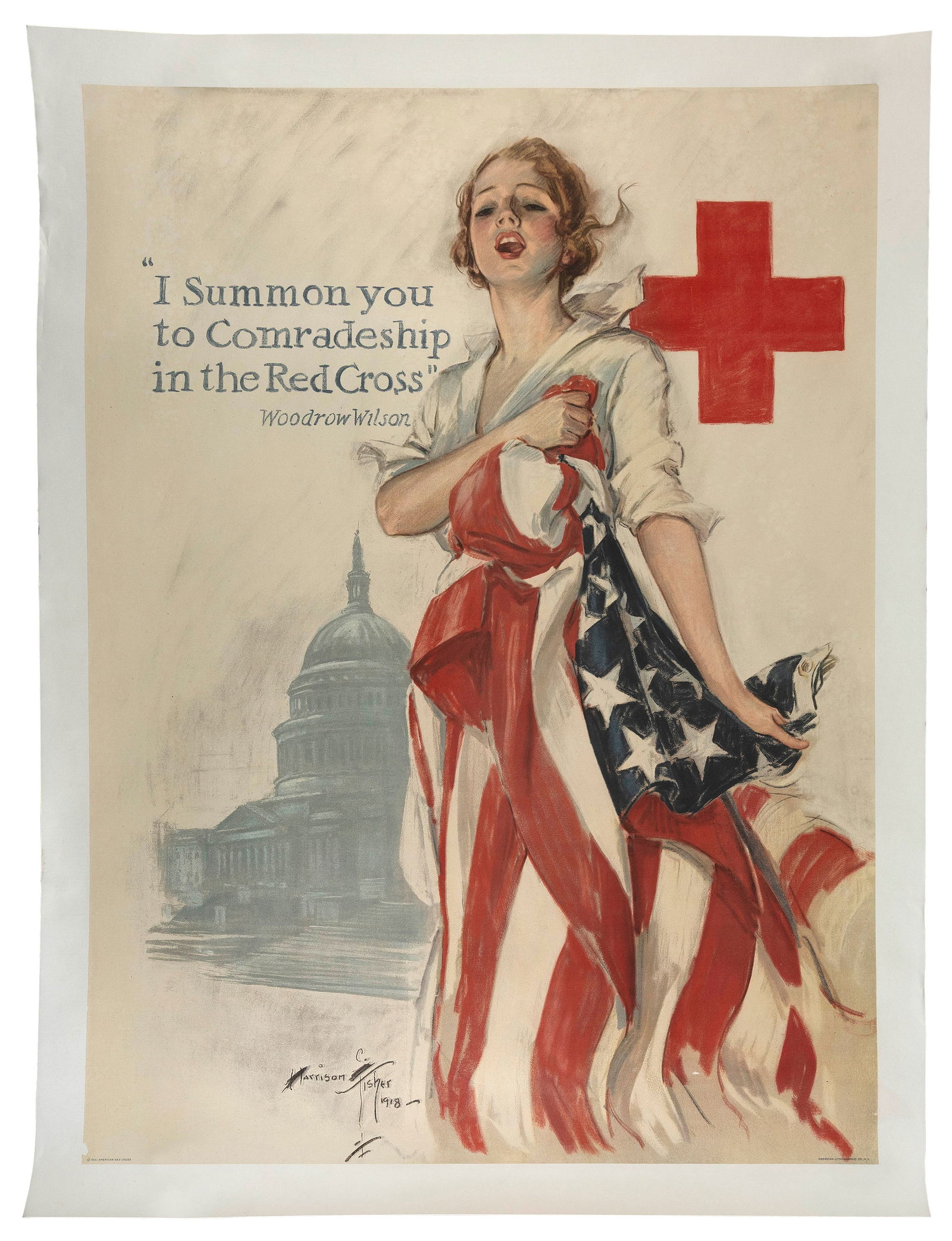 WWI POSTER "I SUMMON YOU TO COMRADESHIP IN THE RED CROSS" BY HARRISON FISHER (NEW YORK/CALIFORNIA, (1 of 1)