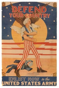 WWI POSTER "DEFEND YOUR COUNTRY" BY MAJOR THOMAS B. WOODBURN (TEXAS, 1893-1980) Late 20th Century