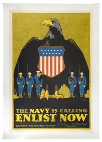 WWI POSTER "THE NAVY IS CALLING ENLIST NOW" BY L.N. BRITTON (1858-1934) Circa 1918 41" x 28".