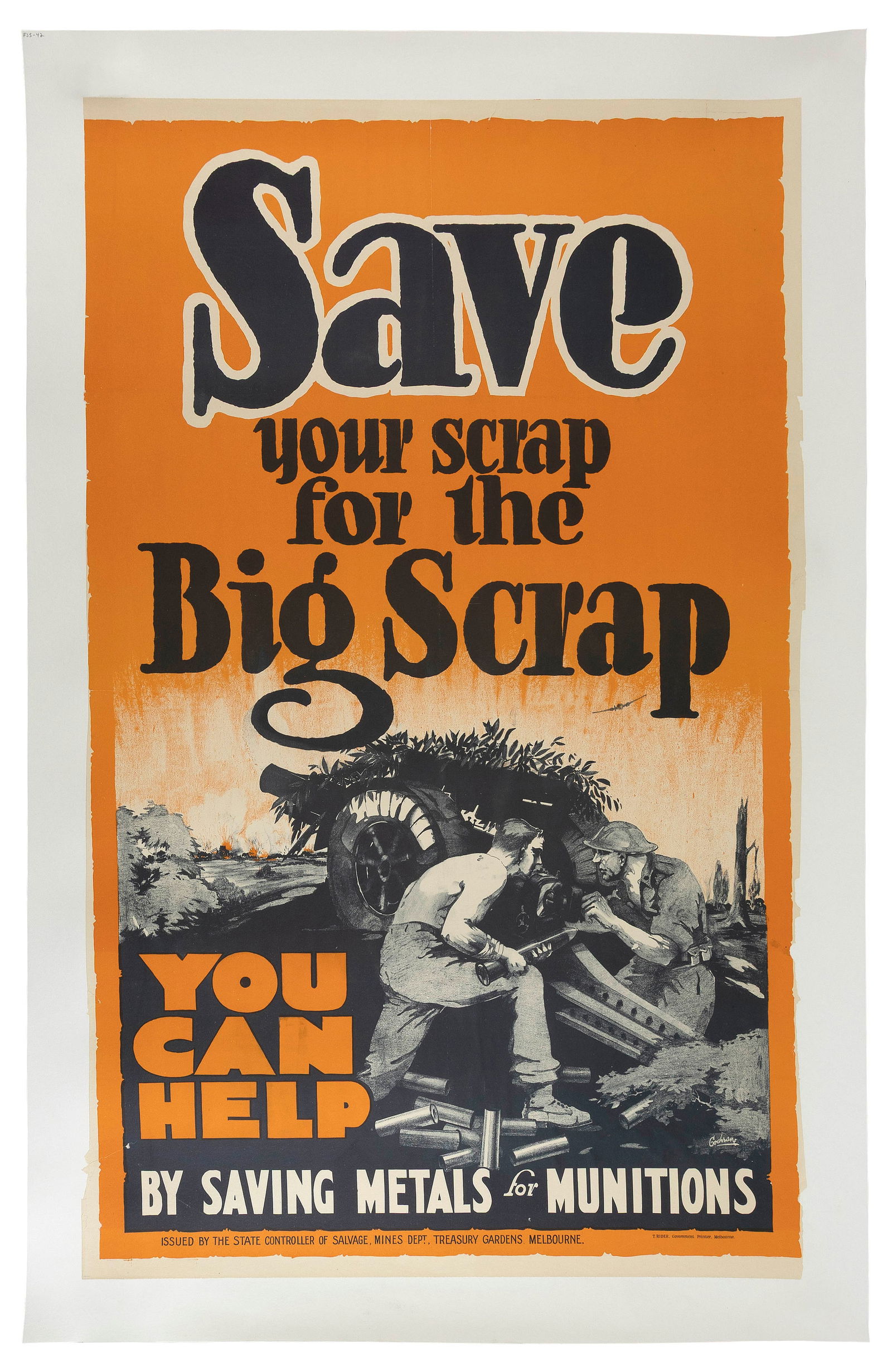 WWII POSTER "SAVE YOUR SCRAP FOR THE BIG SCRAP" Circa 1940 40" x 25". Unframed. (1 of 1)