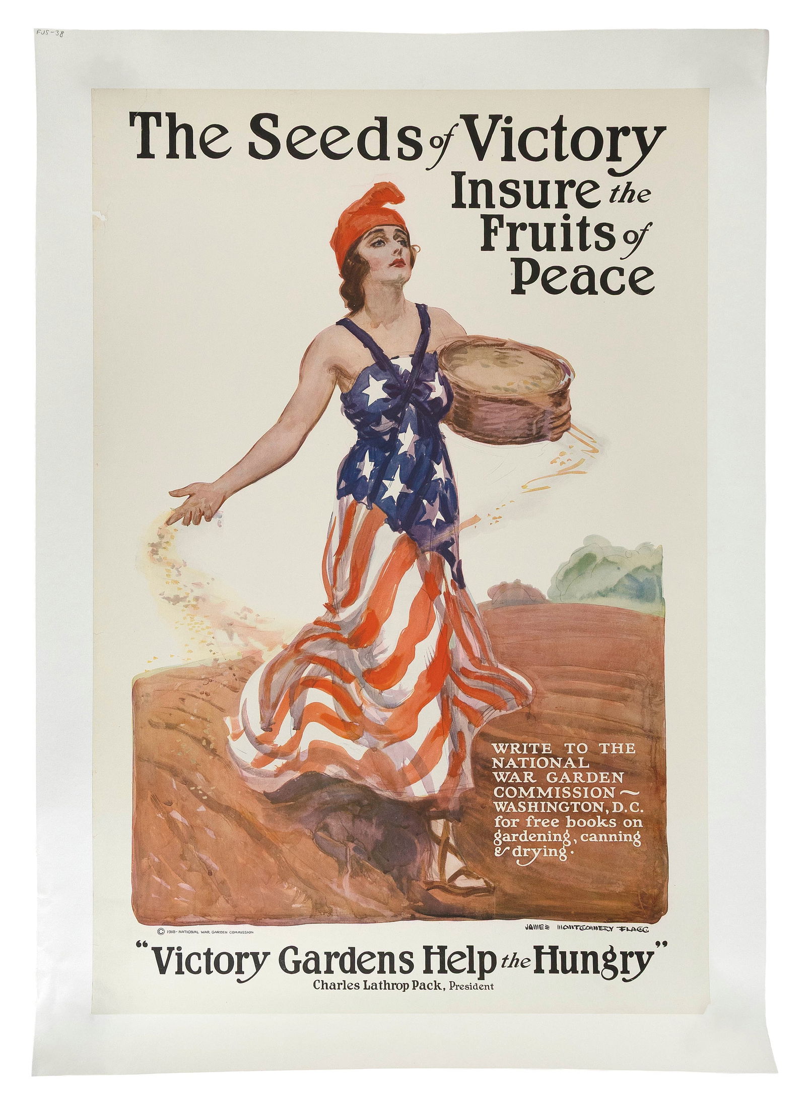 WWI POSTER "THE SEEDS OF VICTORY INSURE THE FRUITS OF PEACE" BY JAMES MONTGOMERY FLAGG (NEW YORK,: WWI POSTER "THE SEEDS OF VICTORY INSURE THE FRUITS OF PEACE" BY JAMES MONTGOMERY FLAGG (NEW YORK, 1877-1960)Circa 1918Linen-backed.33" x 22". Unframed.