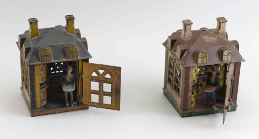 TWO J.E. STEVENS CO. "NOVELTY" CAST IRON MECHANICAL BANKS Late 19th Century Heights 7". (1 of 3)