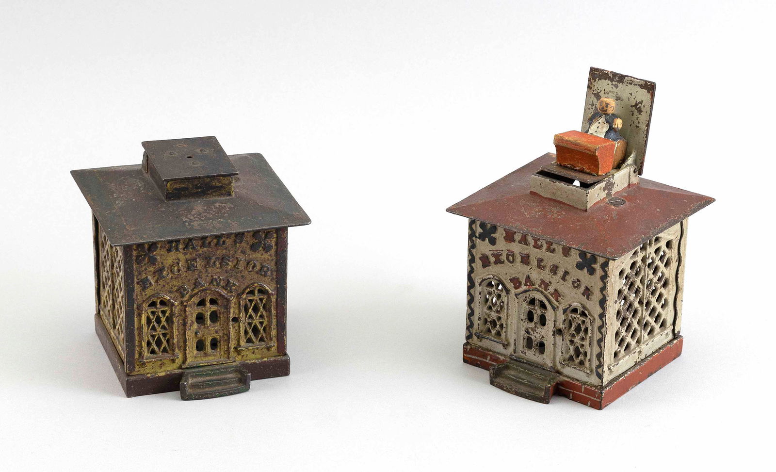 TWO "HALL'S EXCELSIOR" CAST IRON MECHANICAL BANKS 19th Century Heights 5" and 6". (1 of 2)