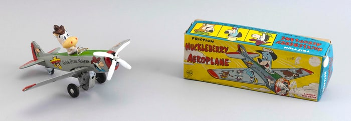 LINE MAR TOYS "HUCKLEBERRY AEROPLANE" TIN WIND-UP TOY Circa 1960 Box length 9.5".