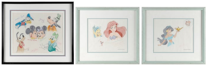 MARK MITCHELL (America, Contemporary), Three colored pencil drawings of Disney characters., Framed