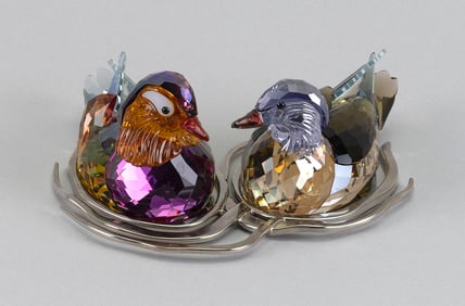 PAIR OF SWAROVSKI CRYSTAL MANDARIN DUCKS Austria, Late 20th Century Heights 2.5". Lengths 6.5".