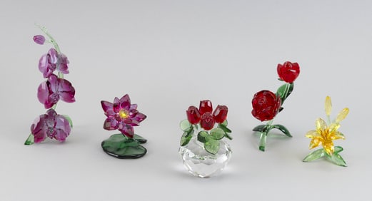 FIVE SWAROVSKI CRYSTAL FLOWERS Austria, Late 20th Century Heights to 4.75".