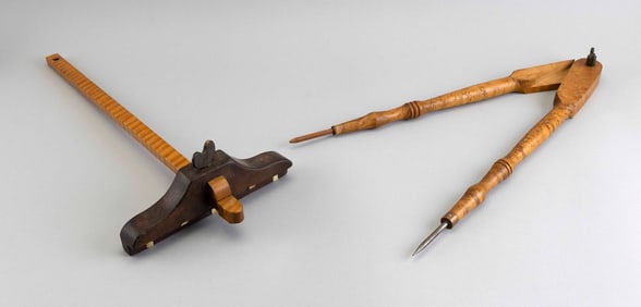 FIGURED MAPLE COMPASS AND GAUGE 19th Century Lengths 19.5" and 20.5".