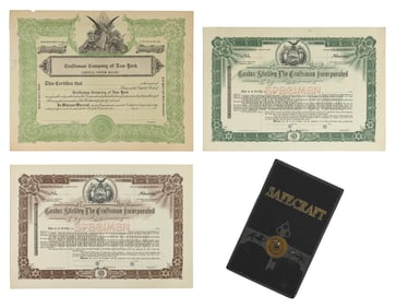 STICKLEY "SAFECRAFT" PAMPHLET AND THREE GUSTAVE STICKLEY, INCORPORATED STOCK CERTIFICATES Early 20th