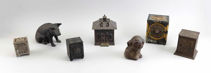 SEVEN CAST IRON STILL BANKS 19th/20th Century Heights from 3.5" to 6".