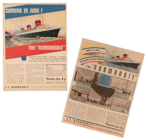 TWO POSTERS FOR THE FRENCH LINE OCEANLINER S.S. "NORMANDIE" Circa 1935 10" x 16". Unframed.