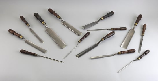 SET OF TWELVE EXCEEDINGLY RARE D.R. BARTON CHISELS 19th Century Lengths to 13.5".