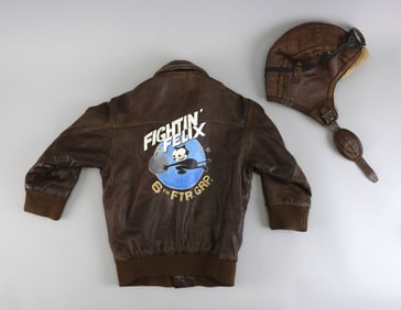 CHILD'S LEATHER BOMBER JACKET WITH HAND-PAINTED NOSE ART DECORATION 20th Century Jacket height 20".