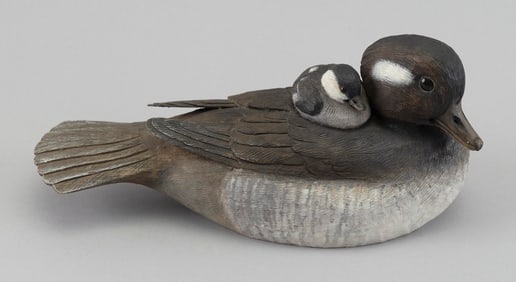 STAN SPARRE BUFFLEHEAD HEN WITH CHICK CARVING East Falmouth, Massachusetts, 1923-2011 Length 10".