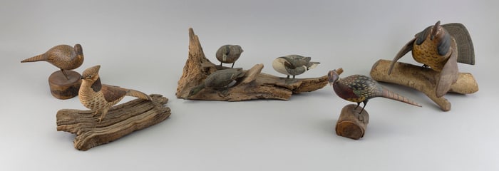 SEVEN GAME BIRD CARVINGS 20th Century Heights from 5" to 10".