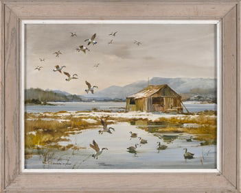 MARSHALL WOODSIDE JOYCE (Massachusetts, 1912-1998), Ducks over a marsh., Oil on board, 18" x 24".