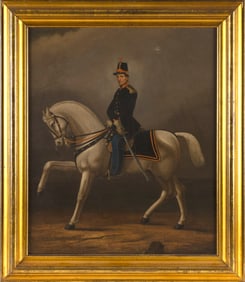 PORTRAIT OF A MOUNTED OFFICER 19th Century Oil on canvas, 24" x 20". Framed 29.5" x 25.5".
