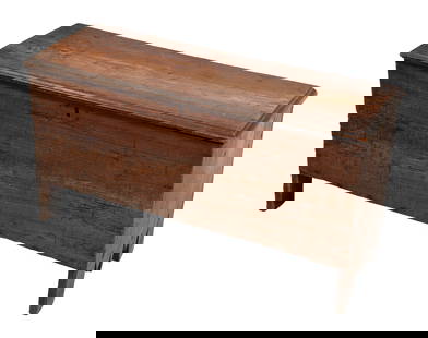 EARLY NEW ENGLAND BLANKET CHEST Late 18th/Early 19th Century Height 21". Width 39". Depth 12.25".: EARLY NEW ENGLAND BLANKET CHESTLate 18th/Early 19th CenturySix-board hardwood construction. Molded-edge top attached with iron strap hinges. Hand-forged nails. Unusual sawtooth cutting at ends.Height