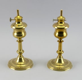PAIR OF BRASS WHALE OIL LAMPS America, 19th Century Heights 9.25".