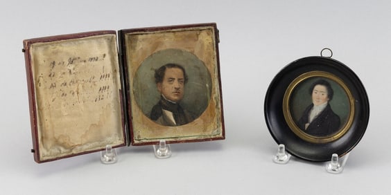 TWO MINIATURE PORTRAITS OF GENTLEMEN 19th Century 2.75" x 2.75" and 2.25" x 2.25".