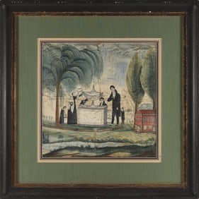 AMERICAN SCHOOL (19th Century,), Mourning scene, Watercolor on silk, 20" x 19.5". Framed 34" x 34".