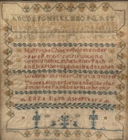 NEEDLEWORK SAMPLER 19th Century 12.75" x 11.75". Framed 13.75" x 12.75".