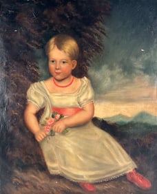 PORTRAIT OF A YOUNG GIRL HOLDING FLOWERS 19th Century Oil on canvas, 33" x 26". Unframed.