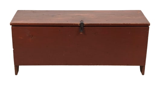 RED PAINTED PINE BLANKET BOX 19th Century Height 21". Width 51". Depth 17".