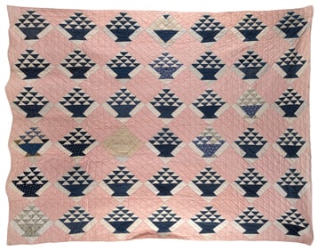 APPLIQUE BASKET PATTERN QUILT 64" x 79".