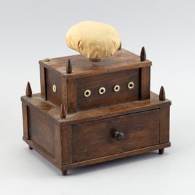MAHOGANY TWO-TIER SEWING BOX Circa 1900 Height 7.5". Width 6.5". Depth 5".