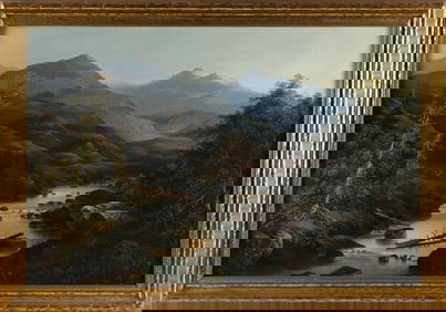 AMERICAN SCHOOL (19th Century,), Landscape with river and mountain peaks., Oil on canvas, 20" x 30".