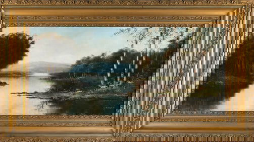 C.T. MITCHELL (America, 19th/20th Century), Landscape with lake and mountain., Oil on canvas, 18" x