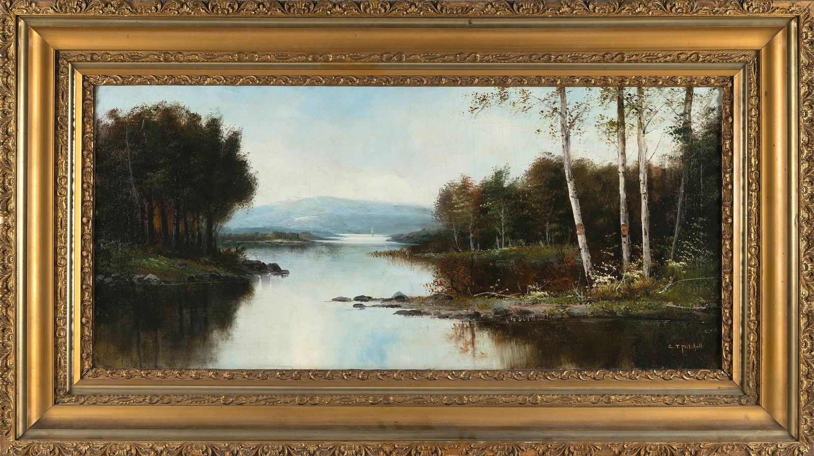 C.T. MITCHELL (America, 19th/20th Century), Landscape with lake and mountain., Oil on canvas, 18" x (1 of 2)
