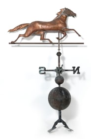 COPPER AND ZINC RUNNING HORSE WEATHER VANE 20th Century Length 34". Height on stand 56".