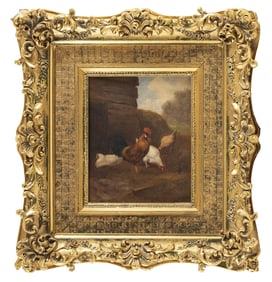 HENRY PRUETT SHARE (New York/California, 1853-1905), Barnyard scene with four chickens., Oil on