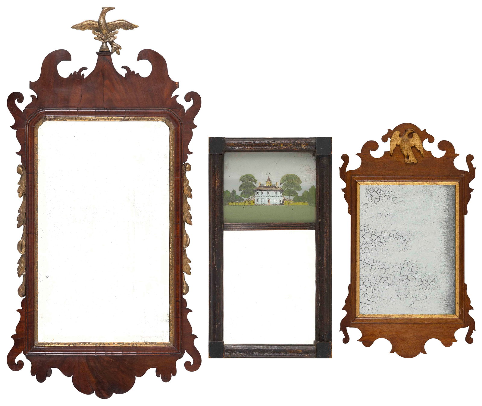 THREE ANTIQUE MIRRORS 19th Century Heights from 21" to 35".: THREE ANTIQUE MIRRORS19th CenturyTwo with eagle crests.Heights from 21" to 35".