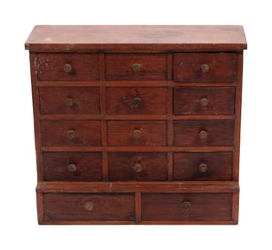 SPICE CHEST AND BUCKET BENCH Late 19th Century Chest height 23.5". Width 26". Depth 9". Bench height