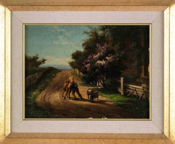 SYLVESTER PHELPS HODGDON (Maine/Massachusetts, 1830-1906), A boy and a calf on a country road., Oil