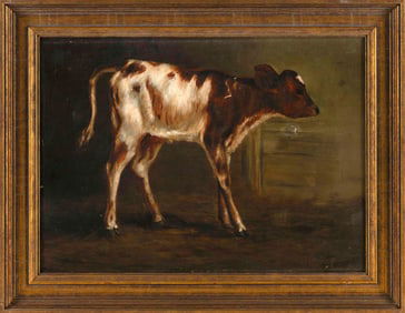 AMERICAN SCHOOL (19th Century,), Portrait of a calf., Oil on canvas, 11" x 15". Framed 14" x 18".