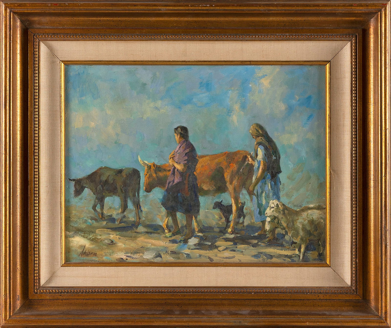 BETTY LOU SCHLEMM (Massachusetts/New Jersey, 1934-2021), Two figures leading a herd of farm (1 of 2)