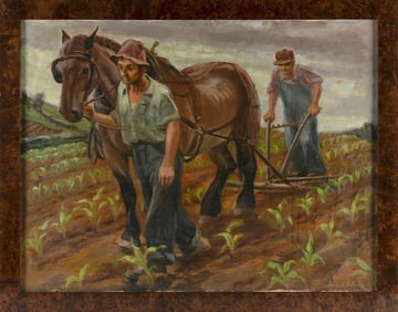 IRWIN D. HOFFMAN (New York/Massachusetts, 1901-1989), Plowing the fields., Oil on canvas, 26" x 34".