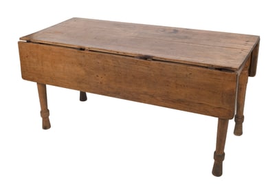 PINE HARVEST TABLE 19th Century Height 29". Length 60". Width 24" plus two 11" drop leaves.