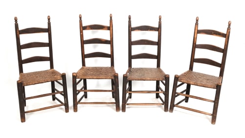 FOUR LADDERBACK SIDE CHAIRS Massachusetts North Shore, 19th Century Back heights 39.25". Seat