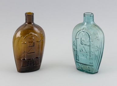 TWO MASONIC AND EAGLE GLASS BOTTLES 19th Century Heights 8".