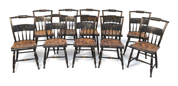 SET OF TEN HITCHCOCK PILLOW-BACK SIDE CHAIRS 19th Century Back heights 34.5". Seat heights 17.5".