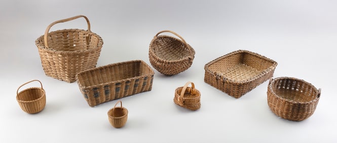 EIGHT SPLINTWORK BASKETS 19th/20th Century Heights from 3" to 9".