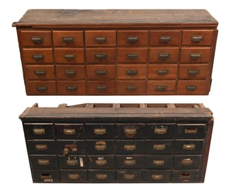 TWO STACKING APOTHECARY CHESTS Late 19th Century Total height 52.5". Width 61". Depth 15".